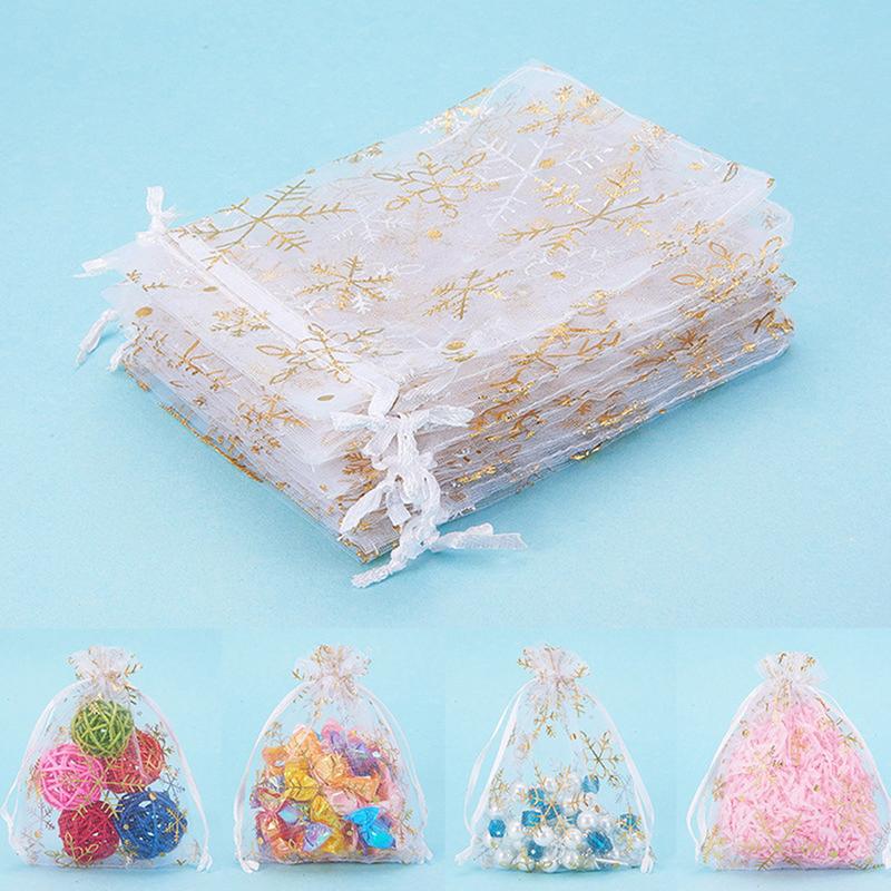 

100pcs Snowflake Jewelry Bags 12x10cm Red White Drawable Organza Bags Wedding Christmas Party Gifts Packaging