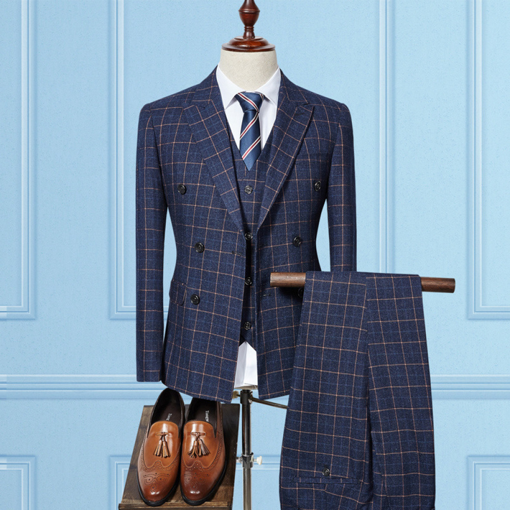 

2021 Fashion Trend Male Double Breasted Suit Style Version British Plaid Piece Sets Groom Wedding Takim Elbise 0v63, Navy blue