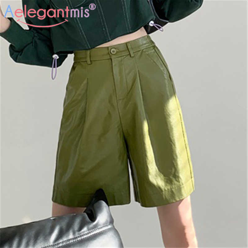 

Aelegantmis Spring Plus Size Loose Wide Leg PU Leather Shorts for Women Casual Elastic Waist Female Faux 210607, As shown