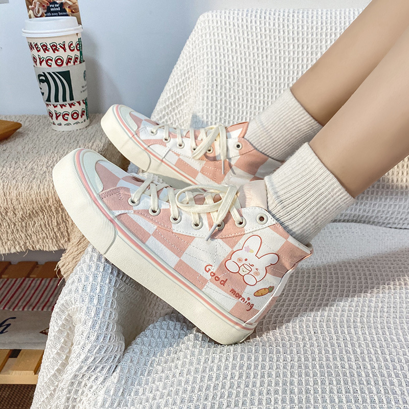

New Top-notch Canvas Women 2021 Korean Lovely Casual Rabbit Plate Shoes for Students Rents Above White/pink Student Apartments Rvkx
