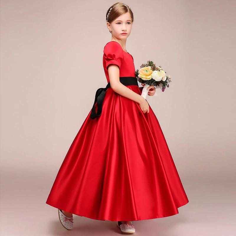 

Girl's Dresses Formal Communion Dress For Kids Girl Birthday Party Princess Gowns Red Short Sleeve Quality Satin Vintage Flower, Black