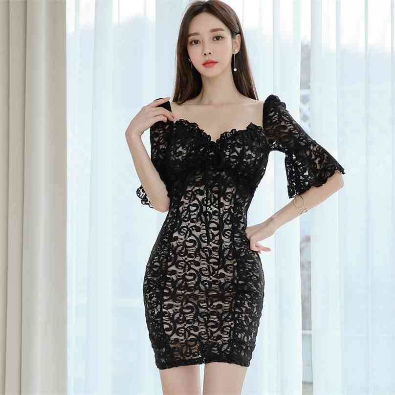 

Lace Dress for women Summer White half Sleeve Square neck ladies Sexy Office party Mini Dresses 210602