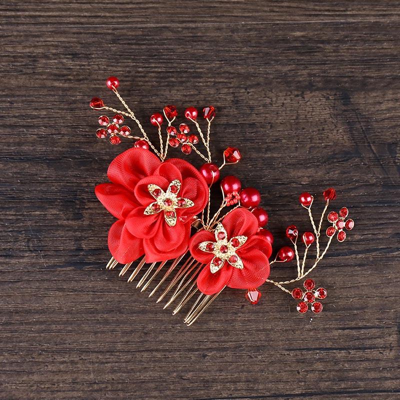 

Hair Clips & Barrettes Chinese Red Rhinestone Handmade Bride Combs Headdress Yarn Floral Pearl Headpiece Wedding Accessories For Women BH, Golden;silver