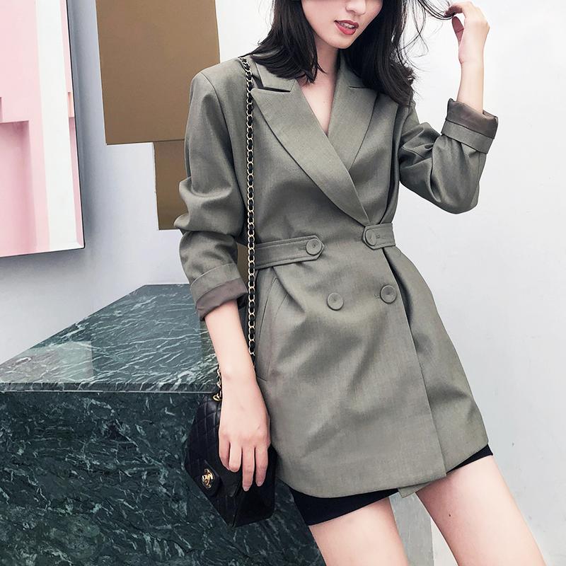 

Women's Suits & Blazers Women Long Jackets Autumn Business Button Wasit Casual Solid Sleeve Blazer Coat Mujer Feminino Longo Outwears, Grey green