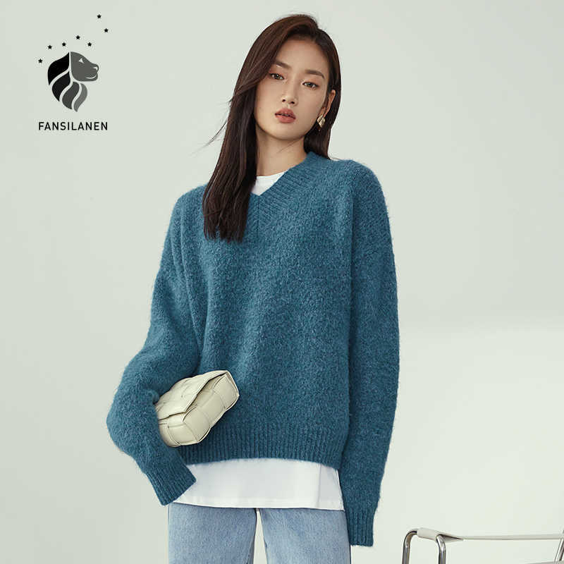 

FANSILANEN Elegant blue cashmere knitted sweater Women v neck vintage oversized pullover Autumn winter flame jumper top female 210607