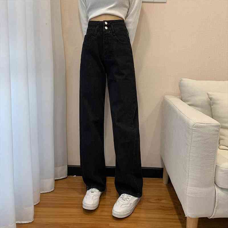 

high waist straight black spring women jeans autumn loose trousers casual comfortable wide leg mom long pants, Blue