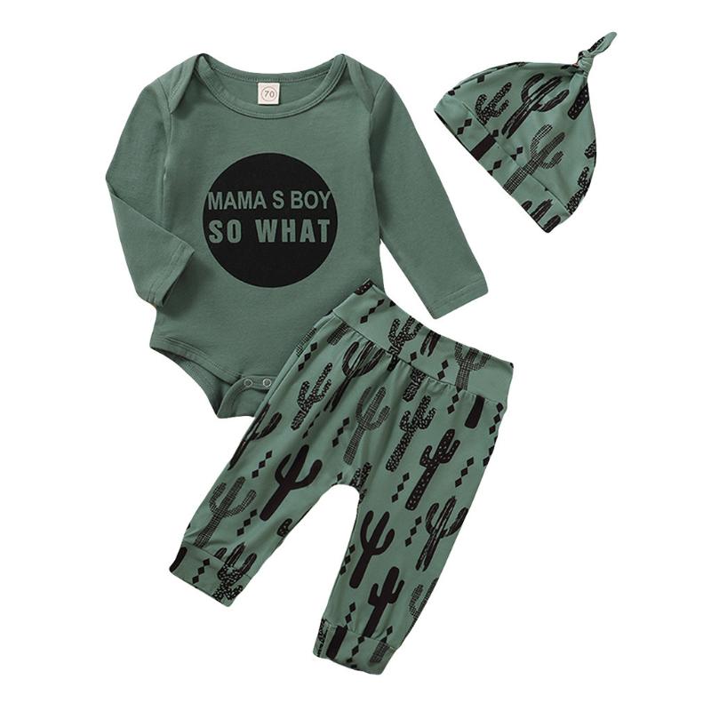 

Infant Baby Boys Catoon Letter Mama's Boy Print Romper+cartoon Pants+hat Fall Outfits 3m-18m Boys Clothing Vetement Garcon
