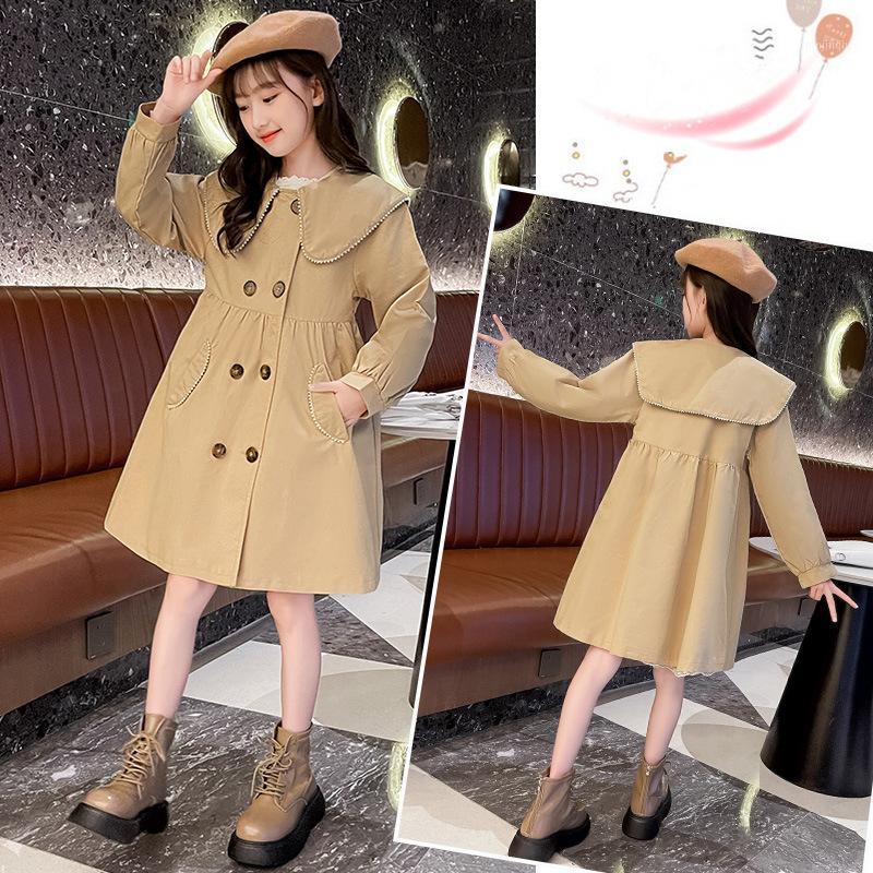 

Coat Pearls Lapel Teen Girls Windbreaker Spring Autumn Double-Breasted Children Jacket Fashion Kids Trench For Outerwear, Blue;gray