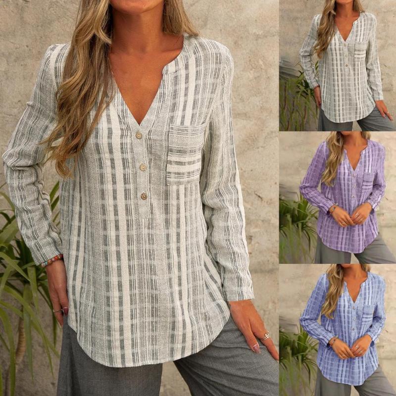 

Women's Blouses & Shirts Spring/Autumn Women Casual Plaid Stripe V Neck Buttons Shirt Pocket Blouse Long Sleeve T-shirt 2021, Blue