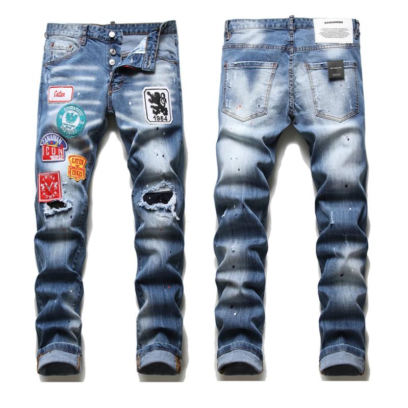 

Men's Jeans Blue Ripped Patches Elastic Personality Badge Embroidered Fashion Trendy Pants Printed Men Size30-38, Light blue