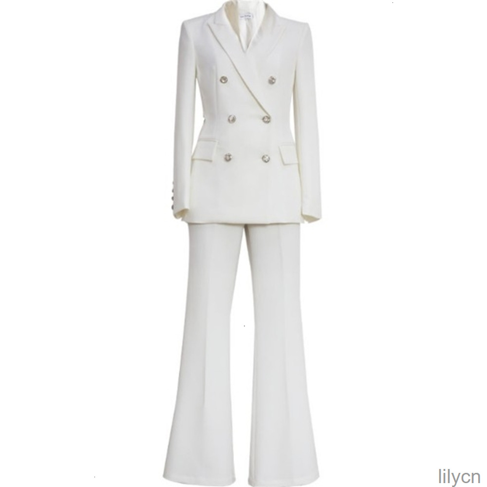 

Womens Double Breasted Pocket Suit Blazer Set Women Jackets Elegant Long Sleeve Blazer Bougie Girl Pant Suit, White tops+pant