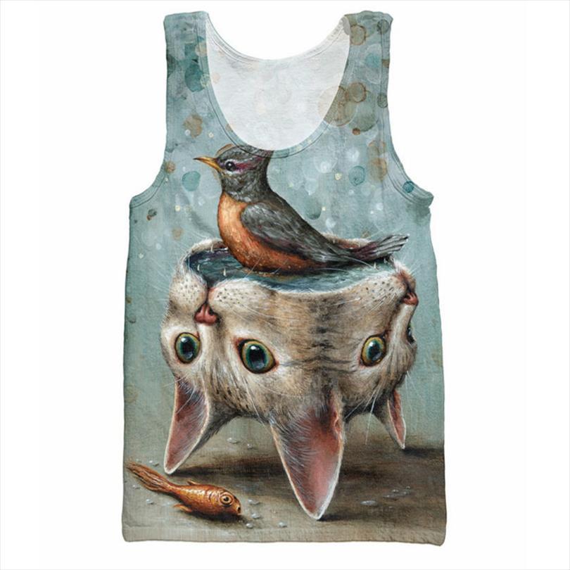 

creative print tank bird kicks a fish cats head bodybuilding stringer singlets jersey vest sleeveless casual shirt men, White;black