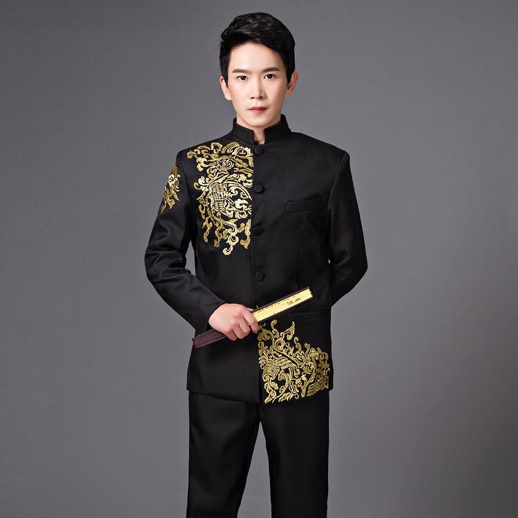 

Men' Suits & Blazers Black White Chinese Style Gold Embroidery Prom Host Stage Outfit Male Singer Teams Chorus Wedding Costume