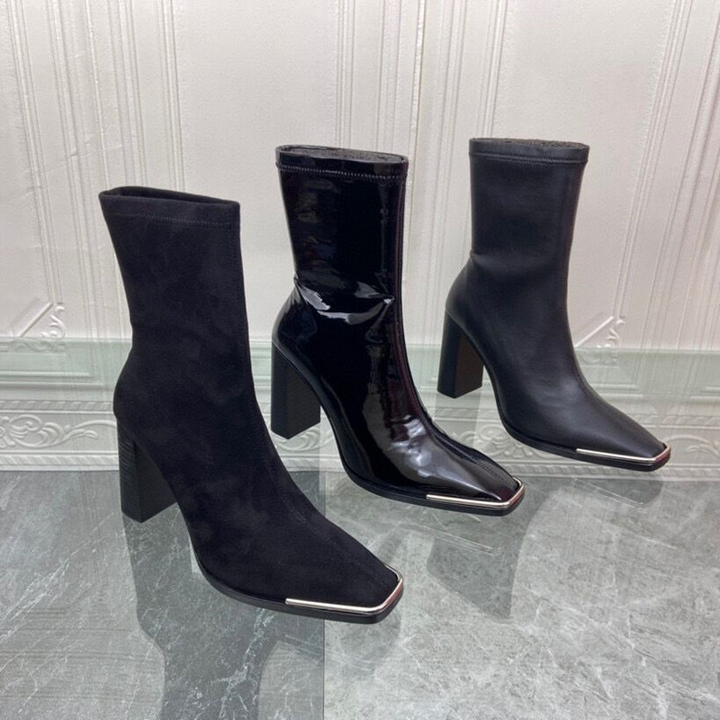 

Casual Designer Sexy Lady Fashion Women Chelsea Boots Black Genuine Leather Elasticity Stretch Slip On Square Toe High Heels Martin Booties, Color 2