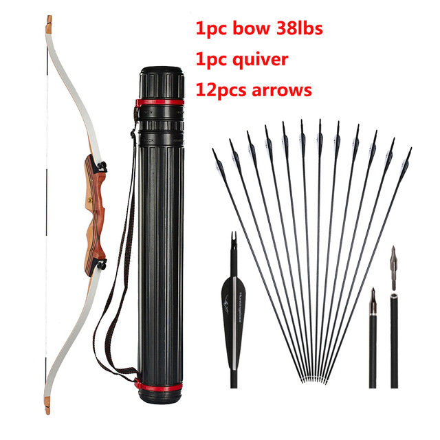 62''Recurve Bow and 12 Arrows Set hunting archery recurve bow arrows target shooting arrows takedown wooden bow-image-654557610