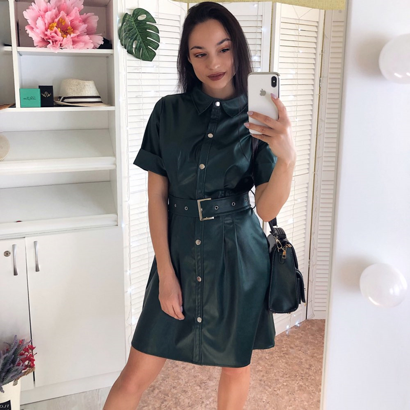 

2021 Women Vintage Front Button Sashes A-line Pu Short Sleeve Turn Down Collar Solid Elegant New Early Spring Gedt, Khaki
