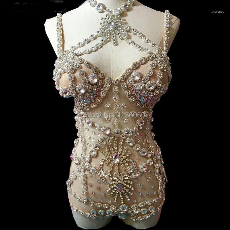 

Party Decoration Lady Singer Sparkling Crystals Bodysuit Sexy Perspective DS Costumes Fashion See-through Slim Performance Dress Bar Club DJ