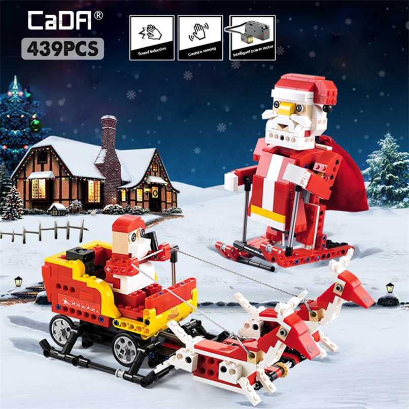 

Cada 439Pcs Santa Claus 2 IN 1 Building Block Technical Model Sound Induction Light Bricks Christmas Gifts Toys for Kids 211110