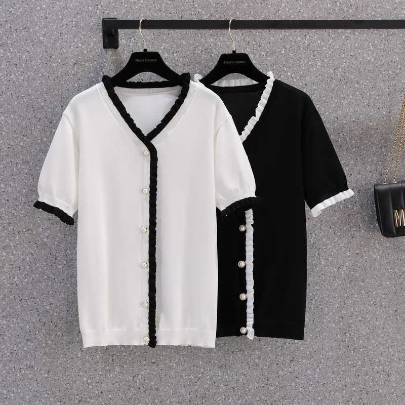 

M-4XL Plus size Summer thin kintting T-shirt short sleeve button loose lace Patchwork chic Oversized sweater pullover 210604, White