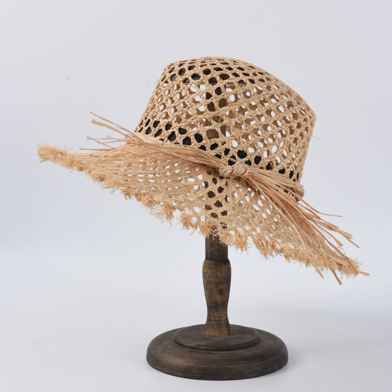 

2021 New Fashion Brand Hollow Out Raffia for Women Wide Brim Summer Sun Bucket Fringed Beach Hat Vacation Derby Accessories 3igh, Natural