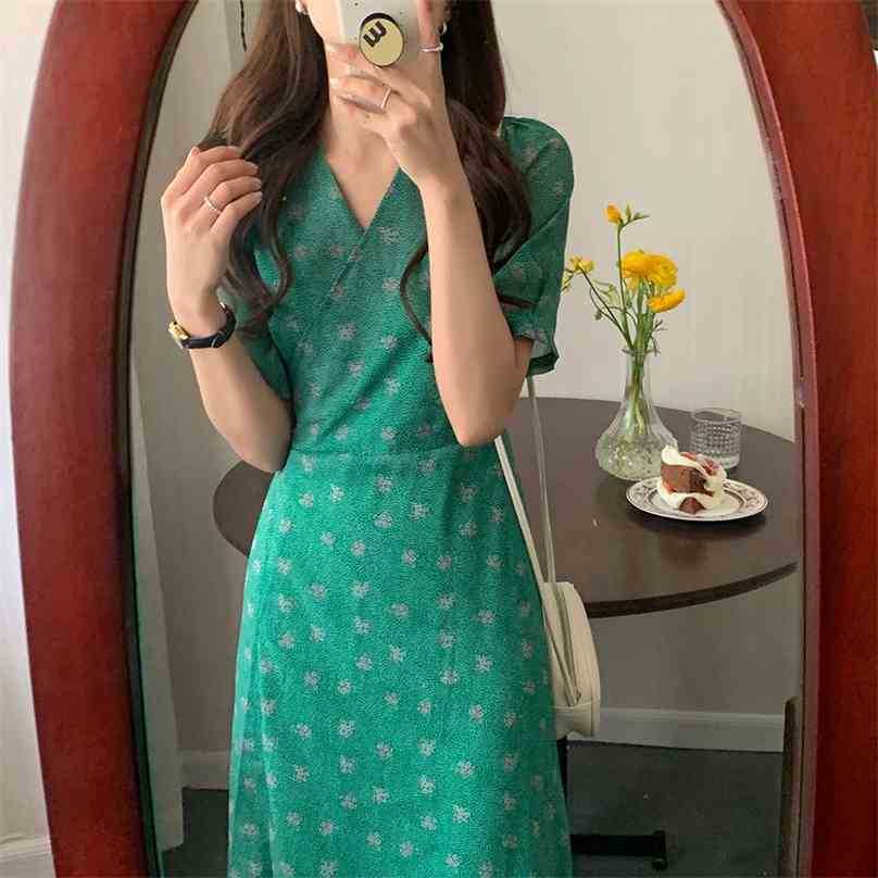 

Vintage V-Neck Stylish Femme Slim High Waist Lace-Up Casual Printing Florals All Match Long Dresses Vestidos 210525, Red