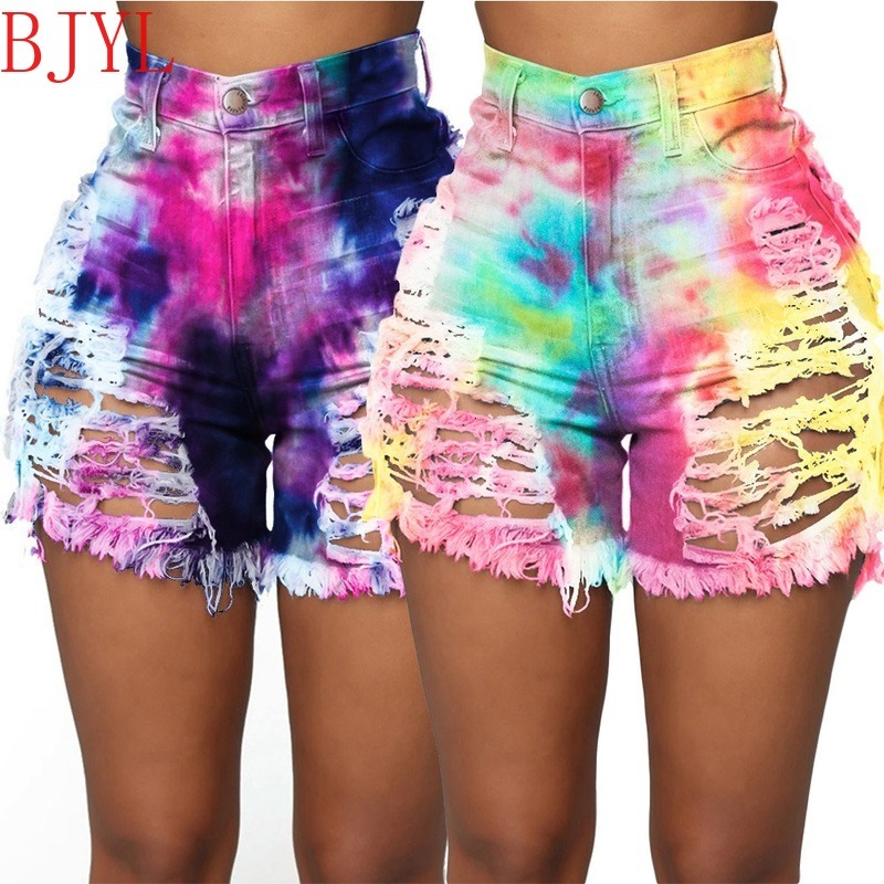 

2021 New Women Sexy Ripped Denim Fashion Tie-dye Print Jeans High Waist Plus Size Casual Shorts S-3xl Hot Girl Summer Cloth Hwa1, Beige