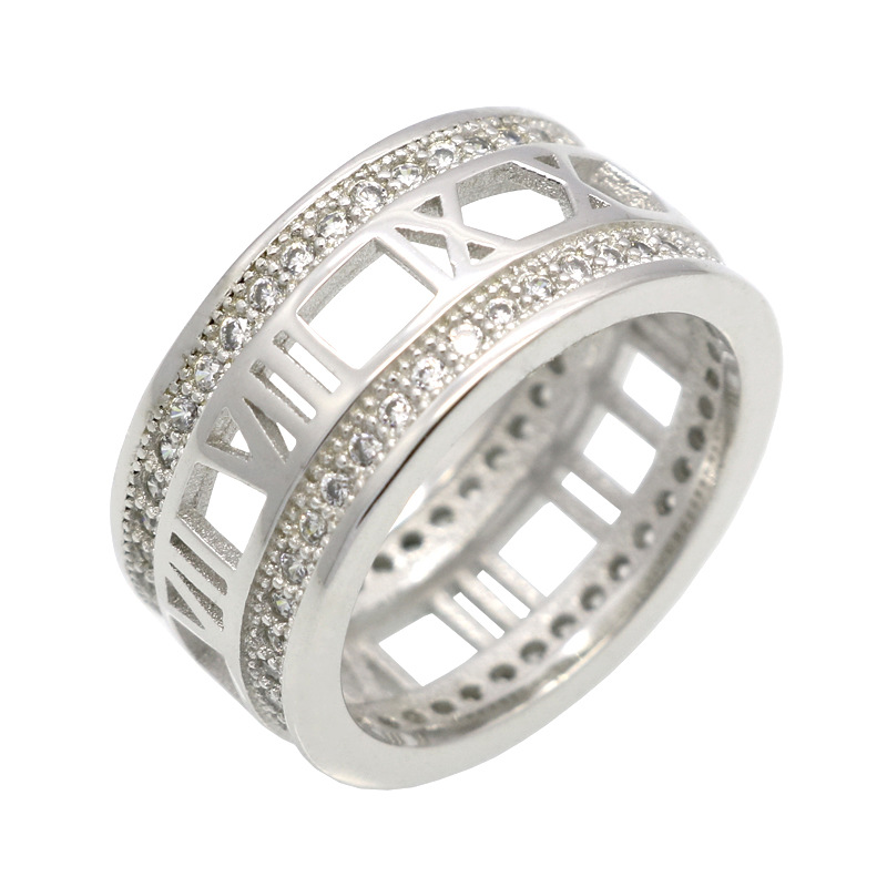 

Fashion Roman numeral hollow out set double row diamond Korean small fresh temperament 18K gold ring, Silver