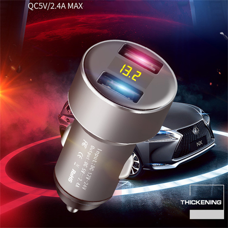 

Mini Metal Dual USB Digital Display Chargers Vehicle Charging 2.4 Multi-function Portable Car Charger for Cars MP3 Phone Camera PC, Black