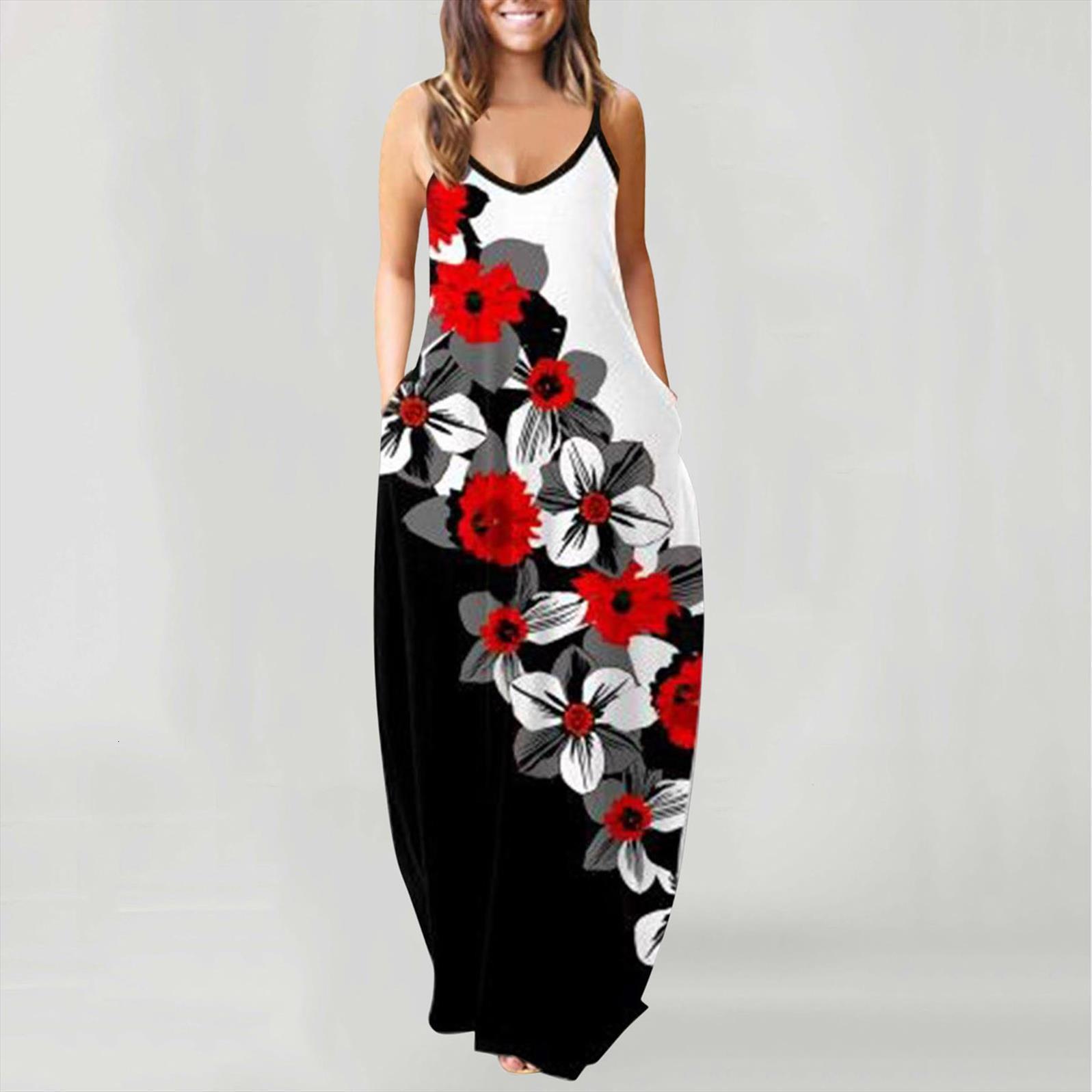 

40 floral printed summer womens dresses sundresses o neck sleeveless plus size pullover for women loose pocket robe femme, Black;gray