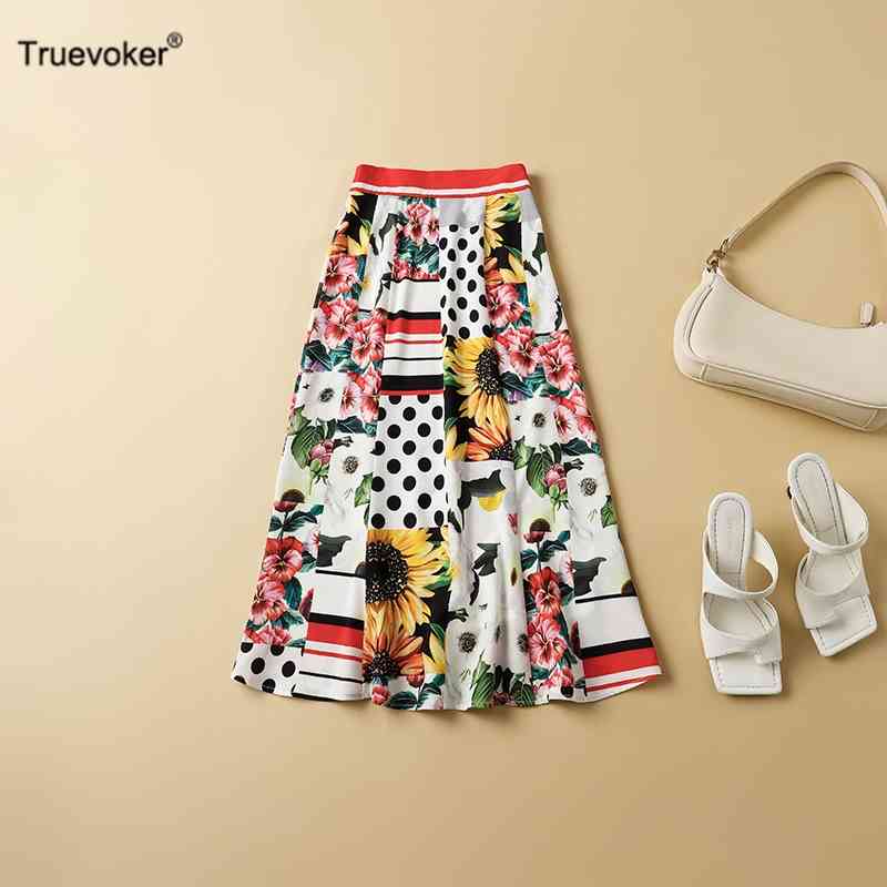 

Truevoker Summer Runway High Street Designer Skirt Women Fancy Floral Print Lady Vocation Knee Length 210602, Mixed color