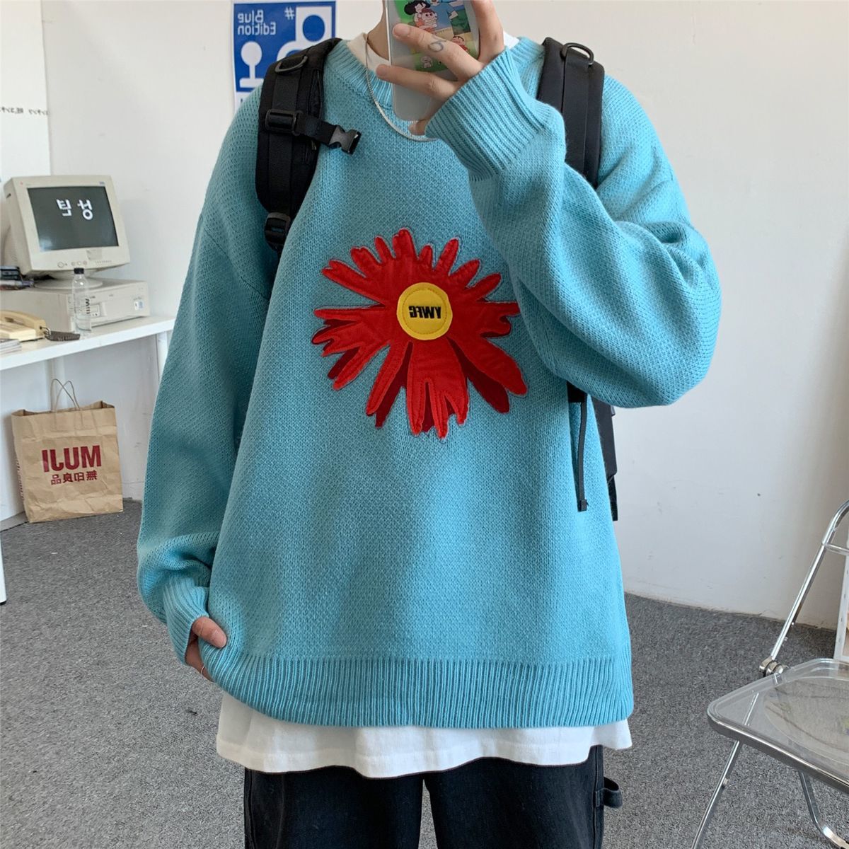 

2021 New Male Solid Color Knitting Flower Embroidered Loose Coats Keep Warm Cashmere Casual Fashion Wool Sweater -2xl Qllg, Black