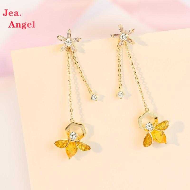

Stud Jea.Angel 925 Silver Zircon Crystal Bee Pendant Earrings For Woman Bride Trendy Temperament Romantic Wedding Ear Ornaments, Golden;silver