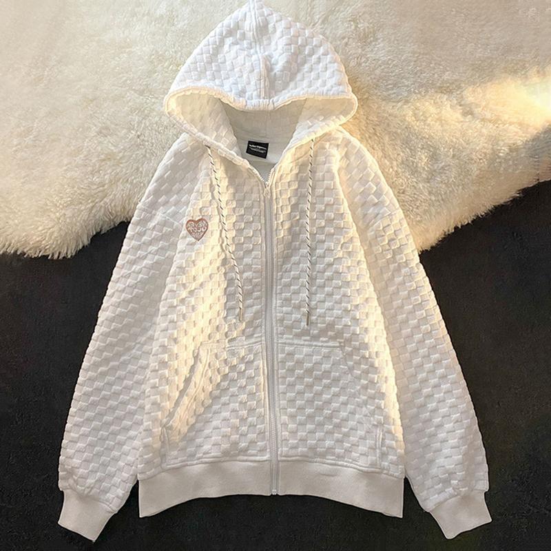 

Women's Jackets 2021 Waffle Sweater Early Autumn Thin Style Korean Loose Top Hooded Zipper Cardigan Jacket Ins White Black Clothing