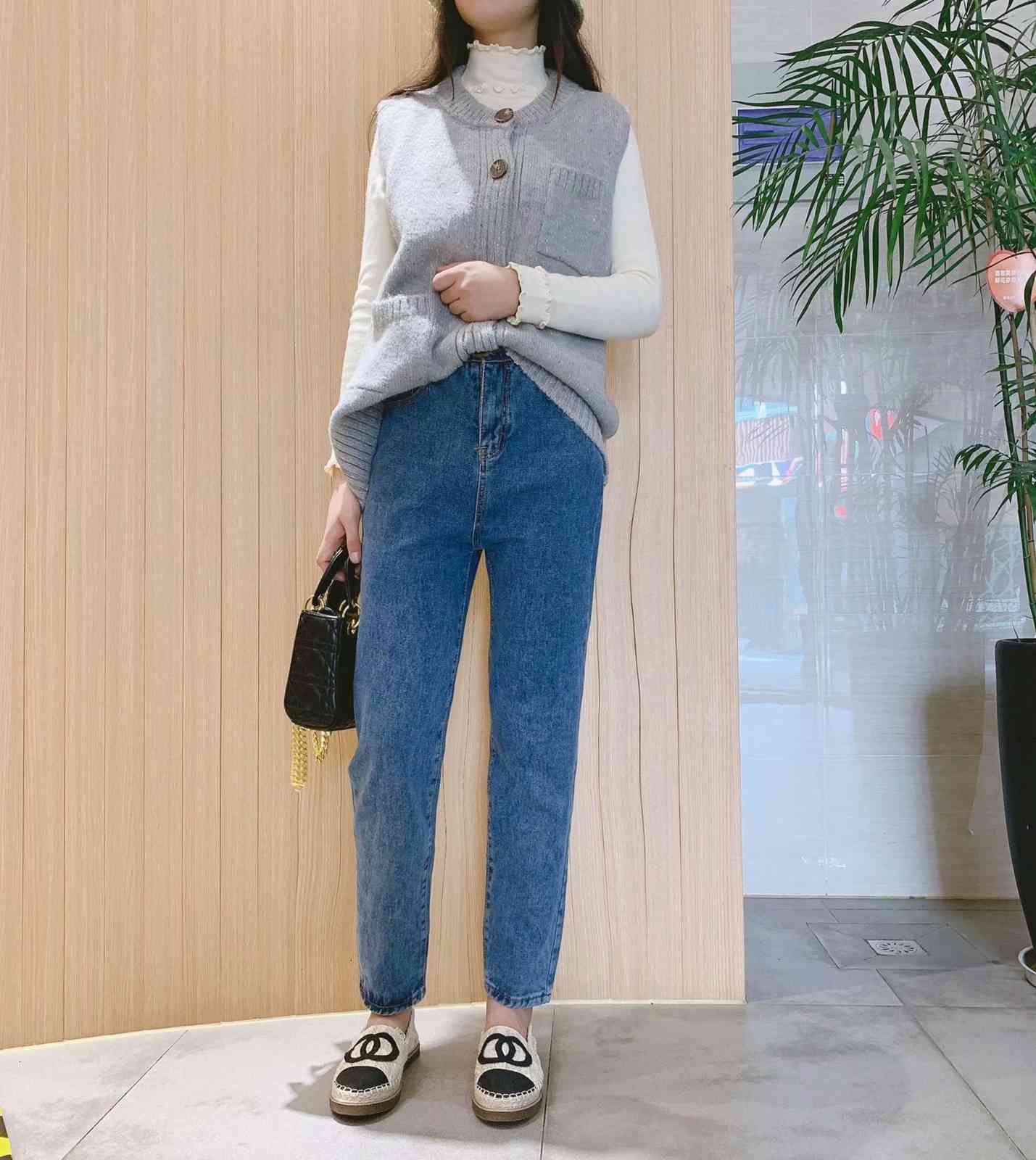 

jeans f5888 - korean women's clothing spring and autumn 2021 high waist slim curly, Blue