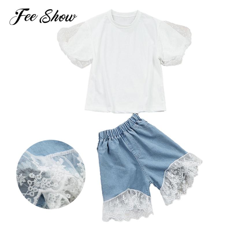 

Clothing Sets Summer Girls Clothes Kids Princess Puff Sleeve Tops + Lace Flower Embroidery Hem Denim Shorts Outfits Children Fashion Suit, White