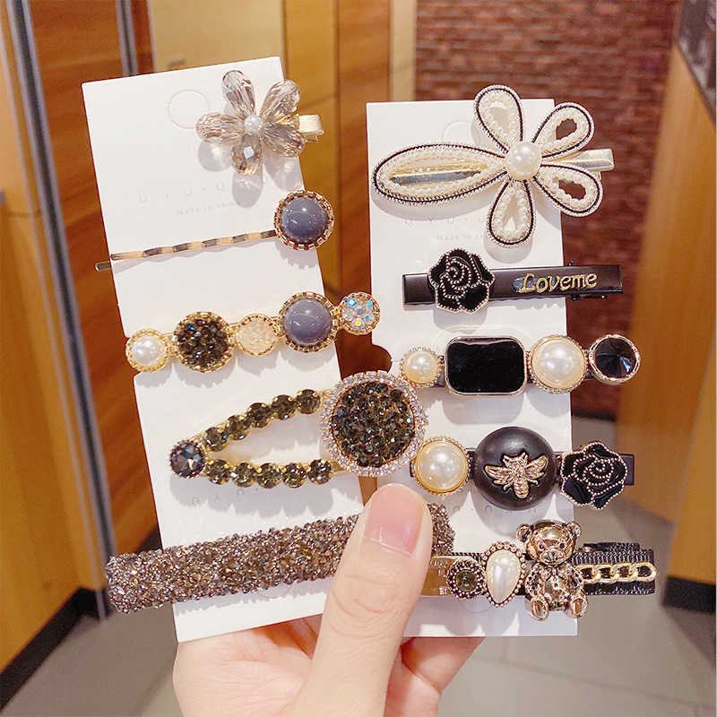 

Net red diamond hairpin five sets pearl hairpin banger temperament girl side clip full of accessories, 3-piece water drill set