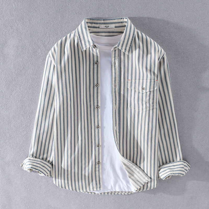

2021 New Vero e Outono Marca Masculina Manga Comprida Casual Listrado Camisas Para Moda Tendncia Dos Homens Chemise Camisa C8pn, Beige blue stripe