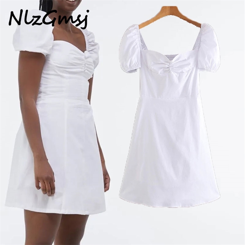

Dres Puff Sleeves Pleated Mini Vintage V-Neck Chic Solid Square Collar Side Zipper Female 04 210628, As picture