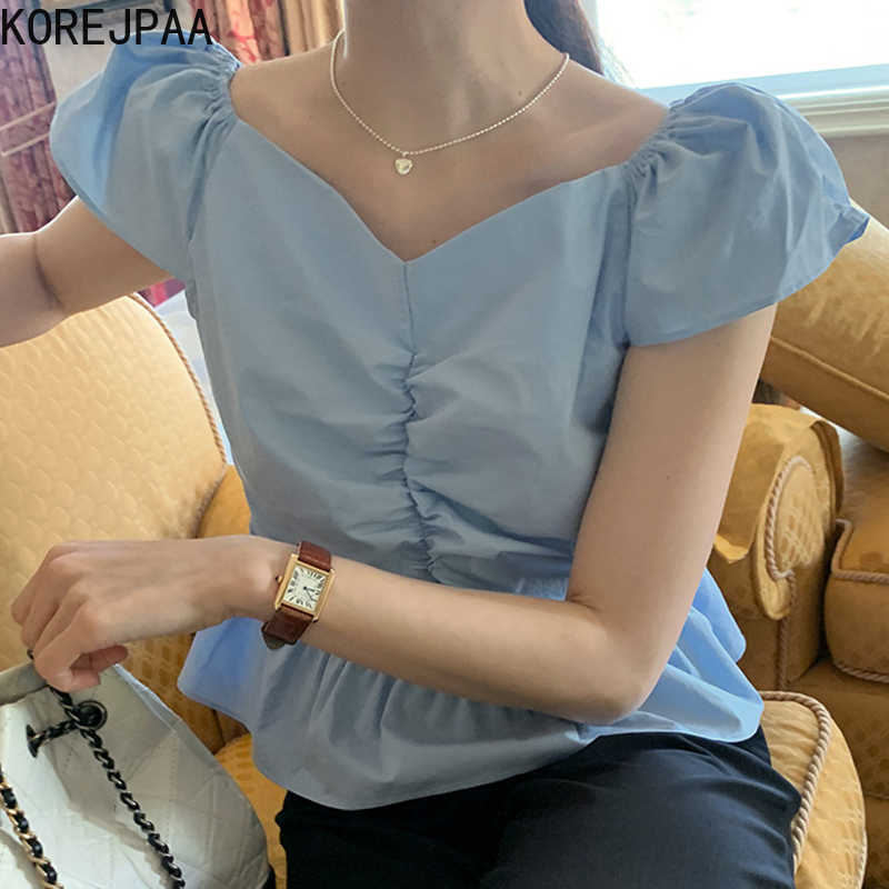 

Korejpaa Women Shirt Summer Korean Chic Niche Design Thin V-Neck Leaking Collarbone Folds Ruffled Flying Sleeve Blouses 210526, White