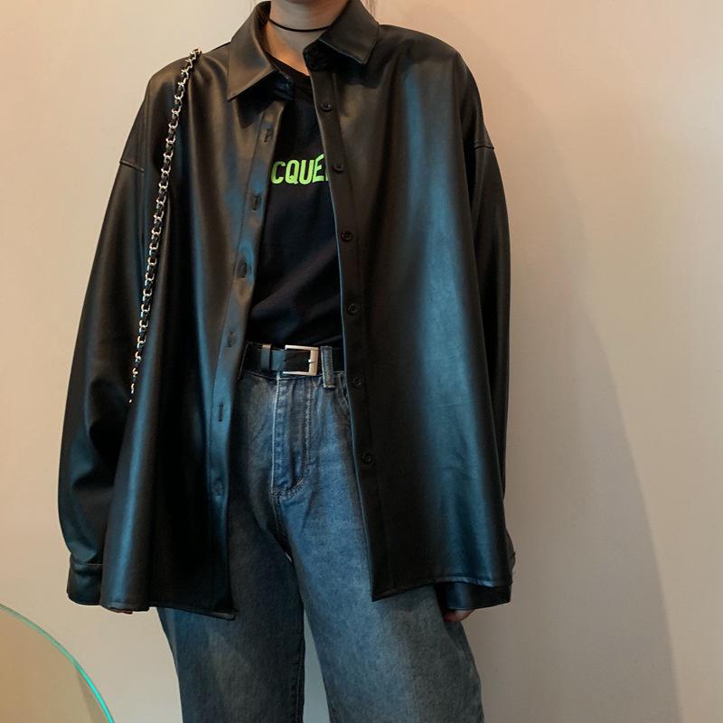 

Women's Leather & Faux Women Oversized PU Blouses 2021 Spring Autumn Black Basic Coat Turn-down Collar Motor Biker Jacket
