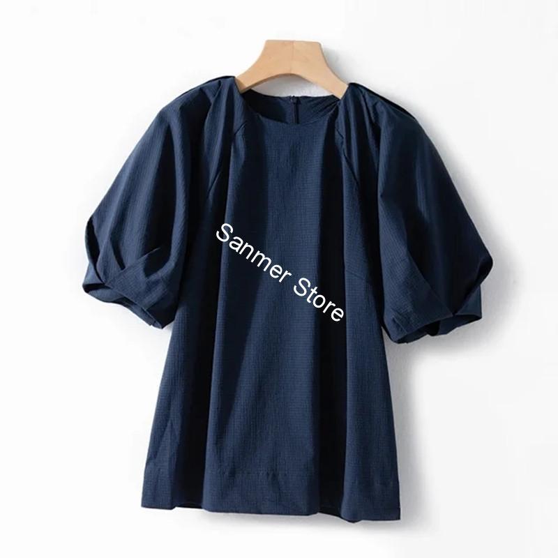 

2021 New o Pescoo Feminino Algodo Manga Curta Blusa Primavera Vero Solto Zper Cor Slida Simples Camisa Topos 777g, Black