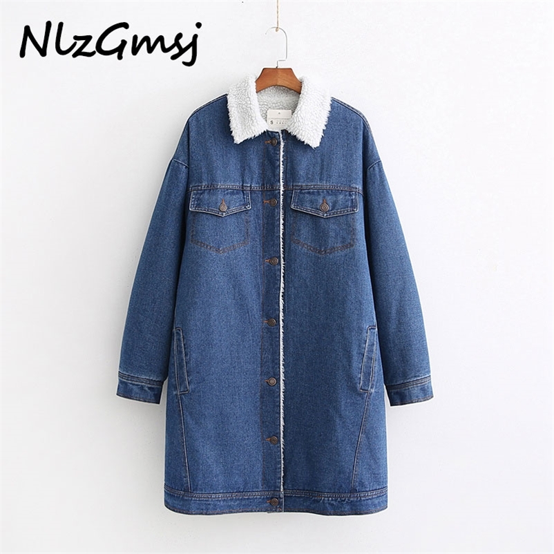 

Winter Denim Coat Turn Down Collar Long Sleeve Oversized Female Streetwear Vintage Pockets Mujer 210628, As picture