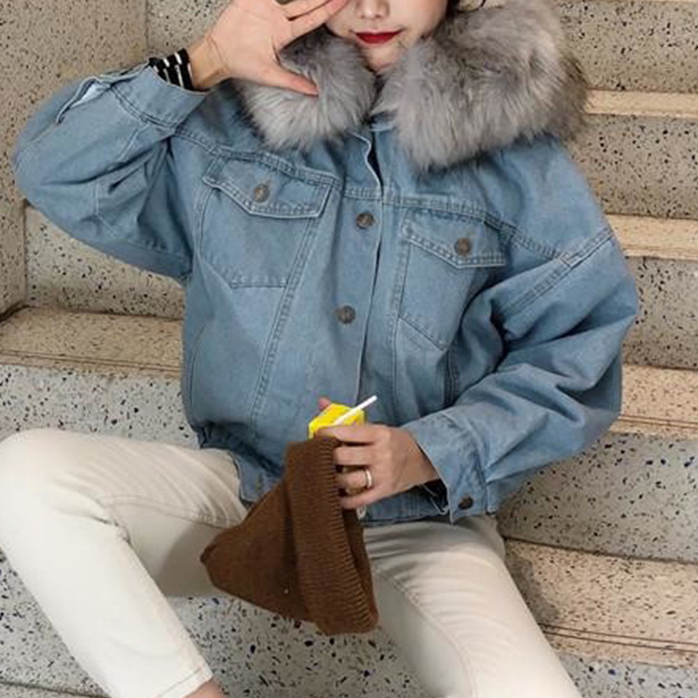 

2021 New Fleece Hooded Coat Women Winter Thick Jean Female Lamb Fur Padded Warm Denim Jacket Overcoats 2xl 8zlw, Gray