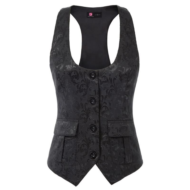 

Women' Vests Kate Kasin Women Jacquard Vest Coat Waistcoat Race-Back U-Neck Handkerchief Hem Elegant Retro Slim Fit Cropped Length, Black