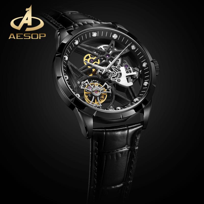 

Wristwatches AESOP Skeleton Mechanical Men Watch Luxury Male Business Leather Strap Wrist + Real Tourbillon, Silver