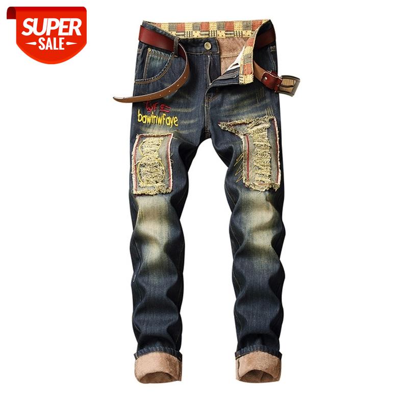 

Denim Designer Hole Jeans High Quality Ripped for Men Size 28-38 40 2019 Autumn Winter Plus Velvet HIP HOP Punk Streetwear #109U, Black