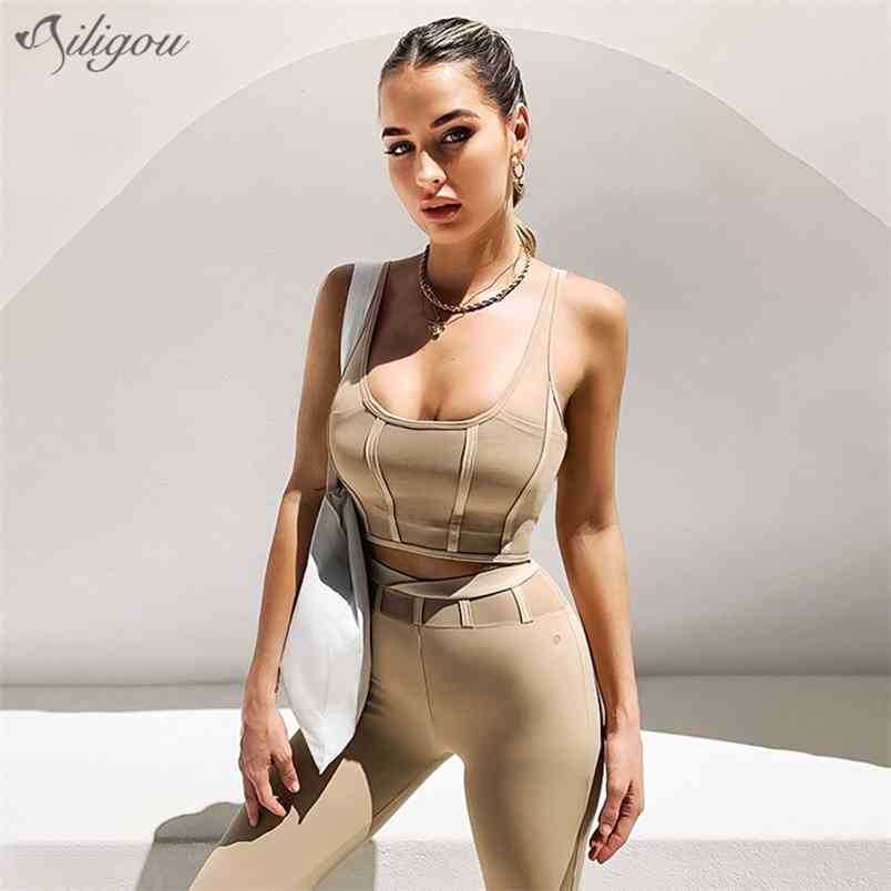 

Two-Piece Bra + Pants Ladies Sexy Bandage Sportswear Yoga Clothing Fitness 210525, Khaki