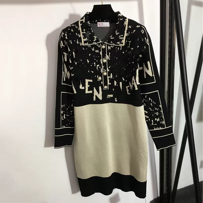 

women brand knit dresses fashion letter jacquard lady dress baroque pearl button designer girls long skirts, Black;gray