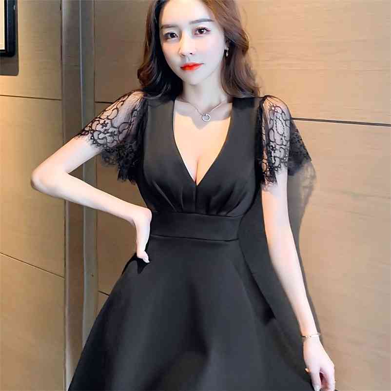 

LDYRWQY Sexy deep V big swing lace sleeve off-the-shoulder dress nightclub Knee-Length Office Lady 210603, Black