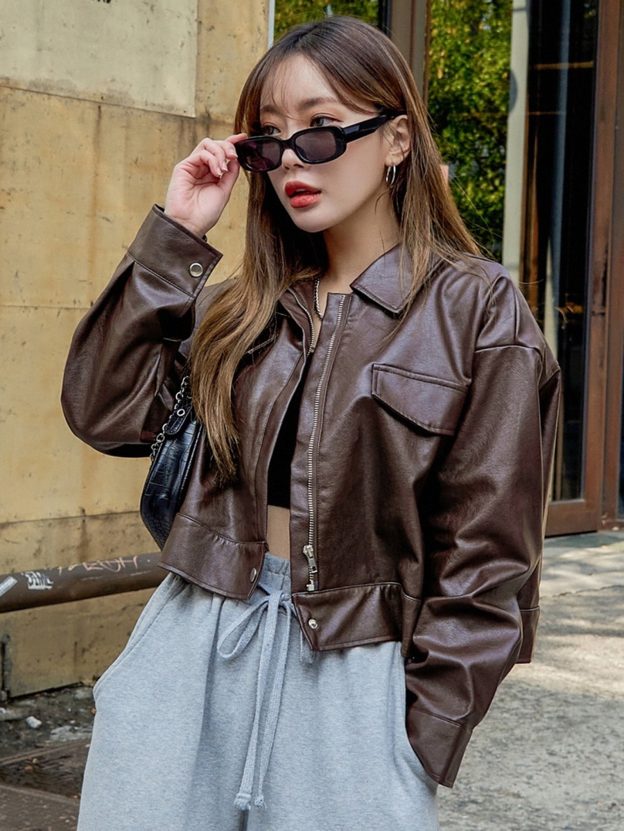 

DAZY Drop Shoulder PU Leather Jacket v0Ho#, Chocolate brown